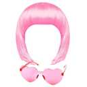 MIAHART Pink Short Bob Wig and Sunglass Set, Neon Colored Wigs Costume Colorful Cosplay Wigs Daily Party Hairpieces for Bachelorette Glow in The Dark Neon Party Favors Halloween Decorations Supplies