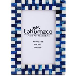 Bone Picture Photo Frame Gingham Pattern Art Inspired Vintage Table-Top/Wall Dcor Handmade Frames (4x6 Inches, Blue White)