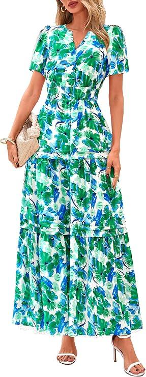 PRETTYGARDEN Women's 2026 Summer Boho Maxi Dresses Floral Short Sleeve V Neck A Line Tiered Flowy Long Beach Vacation Dress S 