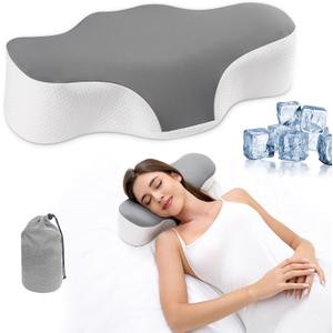 Bespilow Travel Pillow for Sleeping, Cervical Neck Support Pillow for Neck Pain Relief, Lightweight Ergonomic Memory Foam Camping Pillow, Portable Contour Pillows w/ Travel Storage Bag, Cooling Cover