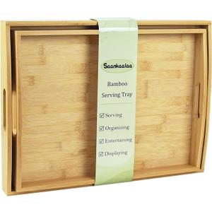 Bamboo Serving Tray with Handles, Set of 2 Large Wood ServingTrays for Food & Coffee, Elegant Wooden Tray for Breakfast in Bed, Kitchen & Party-Natrual Finish