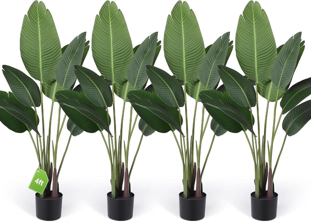Crowye 4 Pack 4Ft Artificial Bird of Paradise Plants Faux Palm Tree with 10 Trunks Banana Leaf Artificial Plant Lifelike Leaves Fake Tree with Plastic Pot for Indoor Outdoor Home Living Room Office