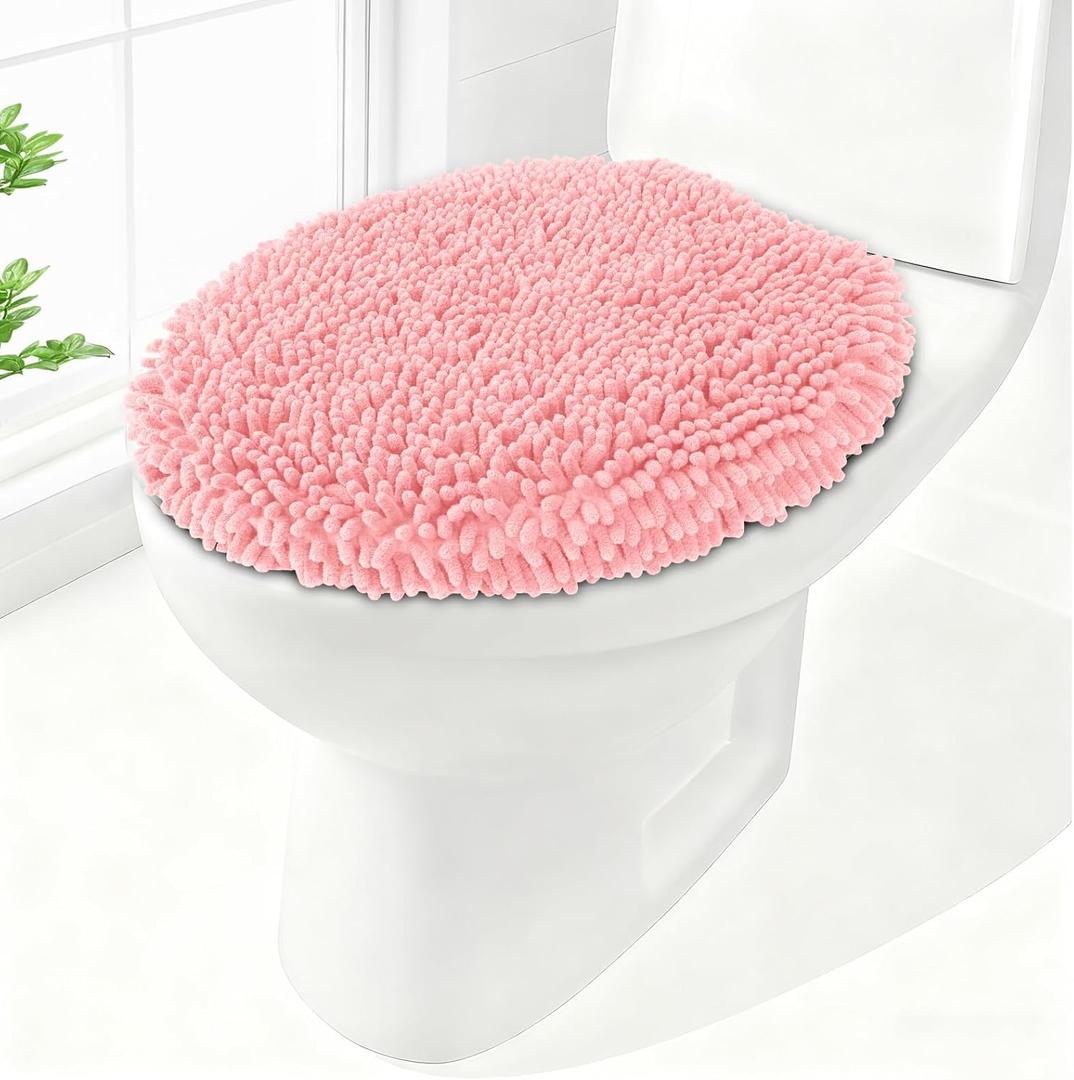 Soft Chenille Toilet Lid Cover 19.5L" x 18.5W" Machine Washable Toilet Seat Cover Adjustable Rubber Backing Fits Most Round Elongated and Oblong Lids (Pink)