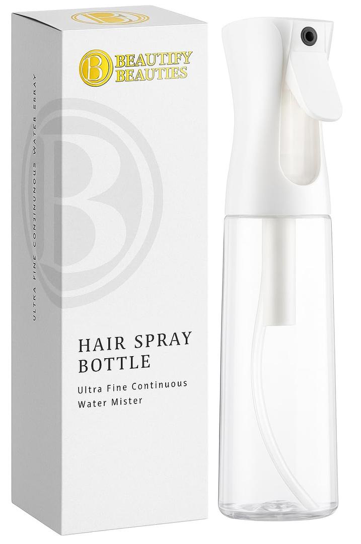 BeautifyBeauties Spray Bottle For Hair  Continuous Mister Spray Bottle for Hairstyling, Cleaning, Plants, Pets, Barbers, Salons, Essential Oil Scents (10.1 Ounce) (Clear)