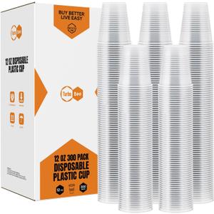 Turbo Bee 12oz Plastic Cups 300 PackDisposable Clear Drinking Cups for Home, School, Office & EventsTransparent Tumblers for Drinks, Samples & Commercial Use