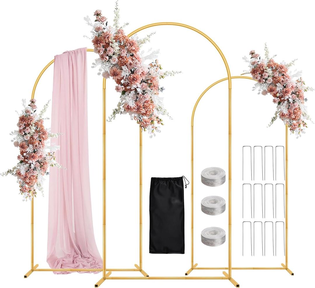 Wedding Arch Backdrop Stand 6FT, 5FT, 4FT Set of 3 Metal Gold Balloon Arch kit Stand for Ceremony Baby Shower Valentine Engagement Party Event Decoration, Garden Climbing Plant Fram