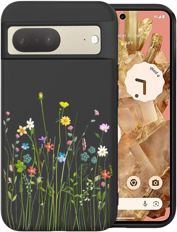 Unov Case Designed for Pixel 7, Black Phone Case with [Anti-Slip Embossed Pattern], Shockproof Slim Protective [Anti-Scratch TPU] Back Cover, Floral Bouquet