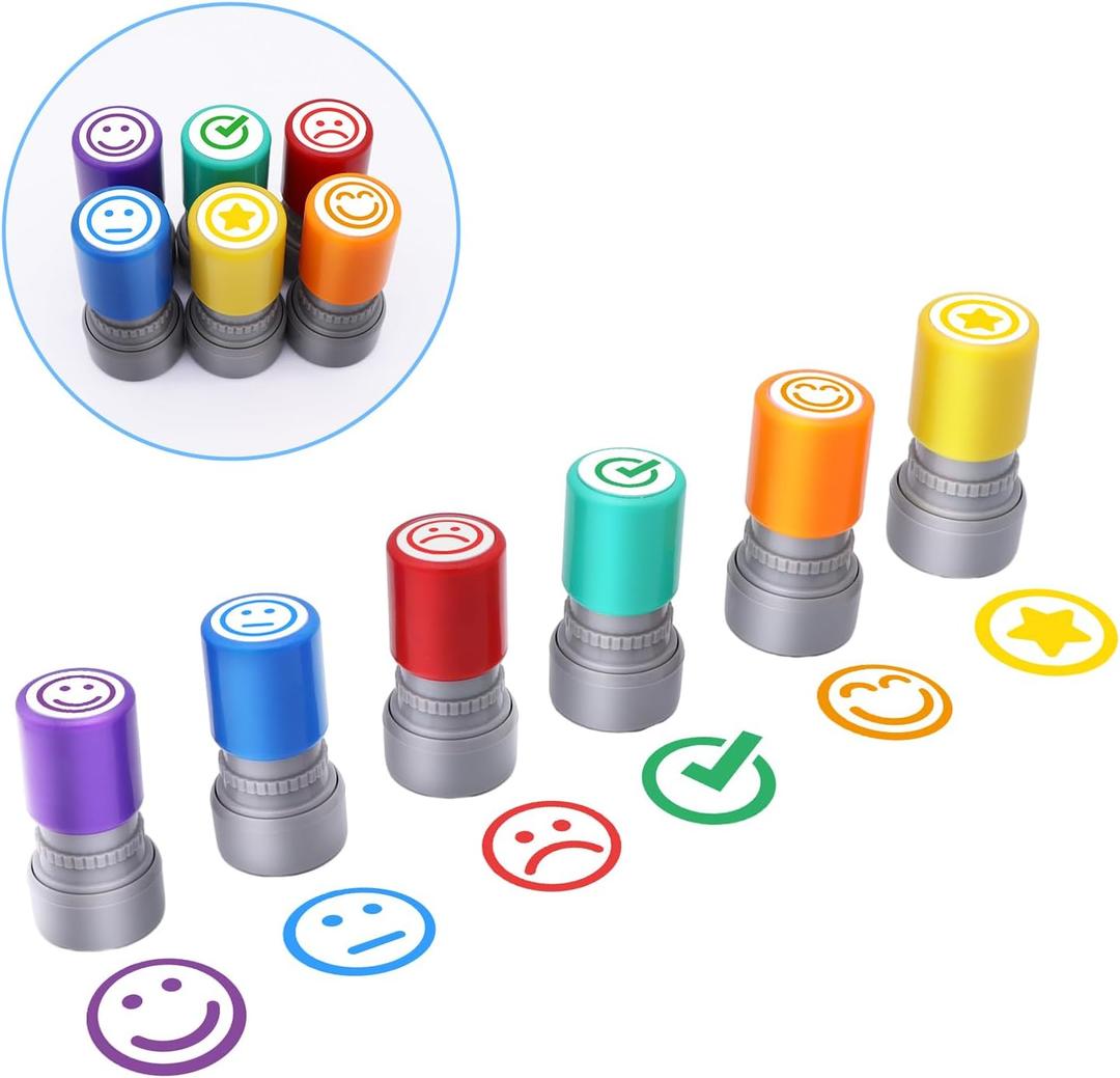6pcs Rubber Teacher Stamps for Grading, Self-Inking, Office Stationery Stamps, Vibrant Colors, Best Homework Stamps, Encouraging Classroom Comments(Smiley Stamps)
