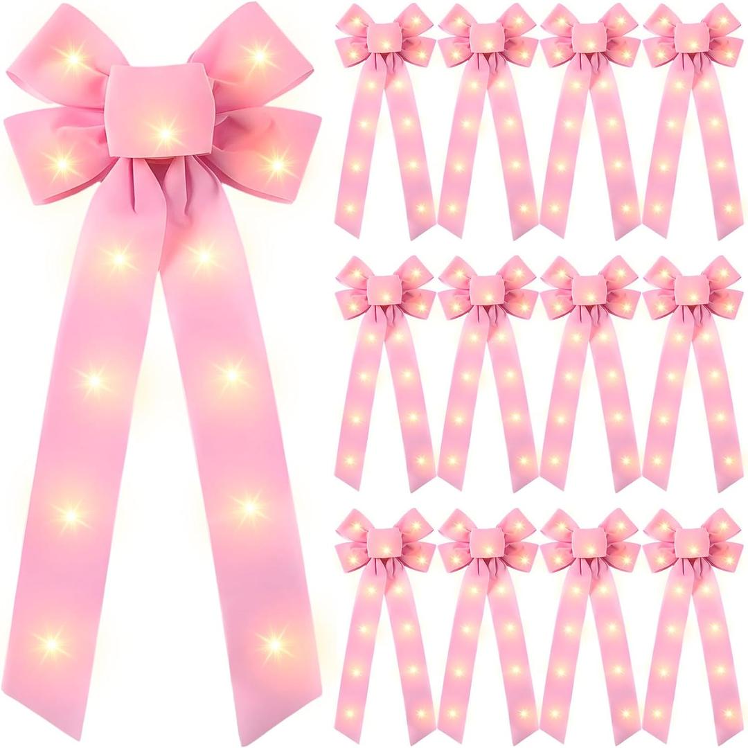 Crowye 12 Pcs Large LED Christmas Bows Lighted Xmas Velvet Bows Decoration Wreath LED Light Bow Christmas Tree Topper for Indoor Outdoor Xmas Winter Decoration(8 x 19 Inches,Pink)