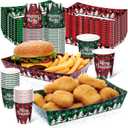 Acellegic 100 Pcs Large 10 x 7 '' Christmas Paper Food Trays Serving Plates and Disposable 9 oz Paper Cups Christmas Party Supplies Kit for Winter Holiday Xmas Party Decoration