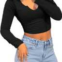 LovelyWholesale Long Sleeve Crop Tops for Women Sexy V Neck Cropped T Shirts Black Large (Black, L)