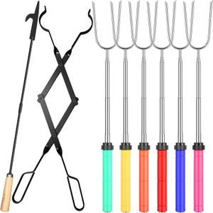 Patelai 8 Pcs Campfire Accessories for Outside Include 6 Pcs 34" Smores Sticks for Fire Pit 32" Campfire Poker 25" Fireplace Tong, Marshmallow Roasting Sticks Camping Gear Essentials Hot Dog Fork