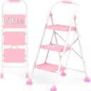 Step Ladder Foldable Folding Stool - for Home Adults Kitchen 3 Stepping Extension Tall Heavy Duty with Handrails - Closet Stepstool Stair Ladders Extendable Stepladder for Indoor House 600Lbs (White Pink)