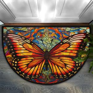 Butterfly Half Round Door Mat, Non-Slip Entrance Welcome Mat for Indoor Semi Circle Bathroom Floor Rugs Outdoor Mats House Entry Way Heavy Duty Doormat for Kitchen Living Room 36x24 Inch