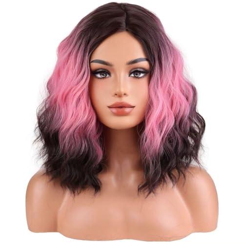 BERON Hot Pink Ombre Brown Wigs Short Curly Wave Wigs for Women and Girls Shoulder Length Wavy Heat Resistant Synthetic Wig Cosplay Costume Party or Daily
