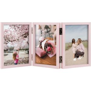Space Art Deco Triple 4x6 Picture Frame, 3 4x6 Folding Photo Frame, Standing Vertically on Desktop or Tabletop, Home Decorative Christmas, Pink