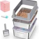 Stainless Steel Sifting Litter Box, for Pine Wood Pellet Cat Litter, XXL Metal Cat Litter Boxs with Lid, 23.6''X15.7''X14'' High-Sided Litter Box,Leak-Proof,Easy to Clean, with Scoop, Urine Pad, Liner