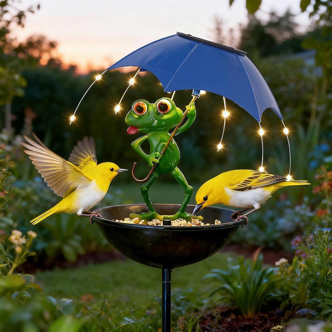 Garden Decor Solar Bird Feeder Frog, Frog Gifts Hummingbird Feeder Decorative Path Lights Yard Art Ornament Bird Feeder,Outdoor Solar Lights Frog Figurine Lights with Umbrella (Frog) (Blue)