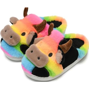 WENPOUTR Rainbow Cow Slippers for Kids Toddler Boys Size 11.5 Little Kids Memory Foam Fuzzy Slippers
