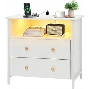 27 Inch Wide Night Stand, Large Wood Night Stand with 2 Drawers, LED Nightstand with Charging Station and Adjustable Drawer, Bedside Table for Living Room/Bedroom/Study/Office, White.