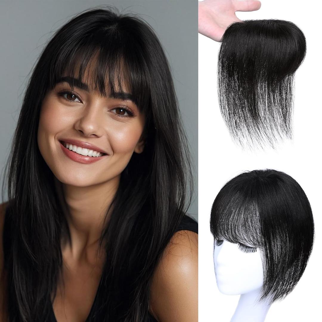 WECAN Hair Toppers for Women Real Human Hair 3D Bangs Clip 100% Human Toppers for Women 10 Inch Clip in Bangs Hairpieces(Natural Black)