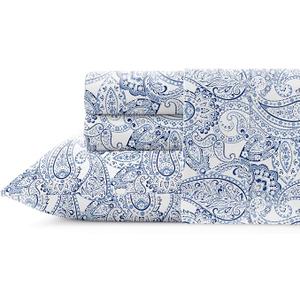 Pointehaven Combed Cotton Percale Printed Full Boho Paisley Blue Quilt Set - King Quilt and Two King Shams - Floral - Taupe Blue and Cream - Quilt (106x92in.) and Shams (20x36in.) - Reversible - Cotton