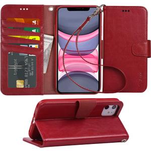 Arae Case for iPhone 11 PU Leather Wallet Case Cover [Stand Feature] with Wrist Strap and [4-Slots] ID&Credit Cards Pocket for iPhone 11 6.1 inch 2019 Released (Wine Red)
