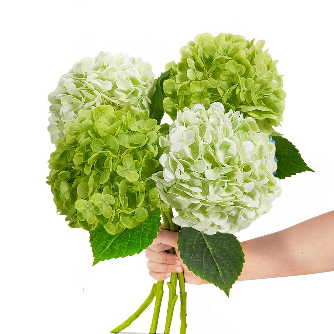 Pmyra 20" 4Pcs Faux Hydrangea Flowers Real Touch Fake Hydrangeas Bouquet Hydrangea Artificial Flowers with Leaves Stems for Centerpiece Arrangements Wedding Party Home Décor(Light Green & Dark Green)