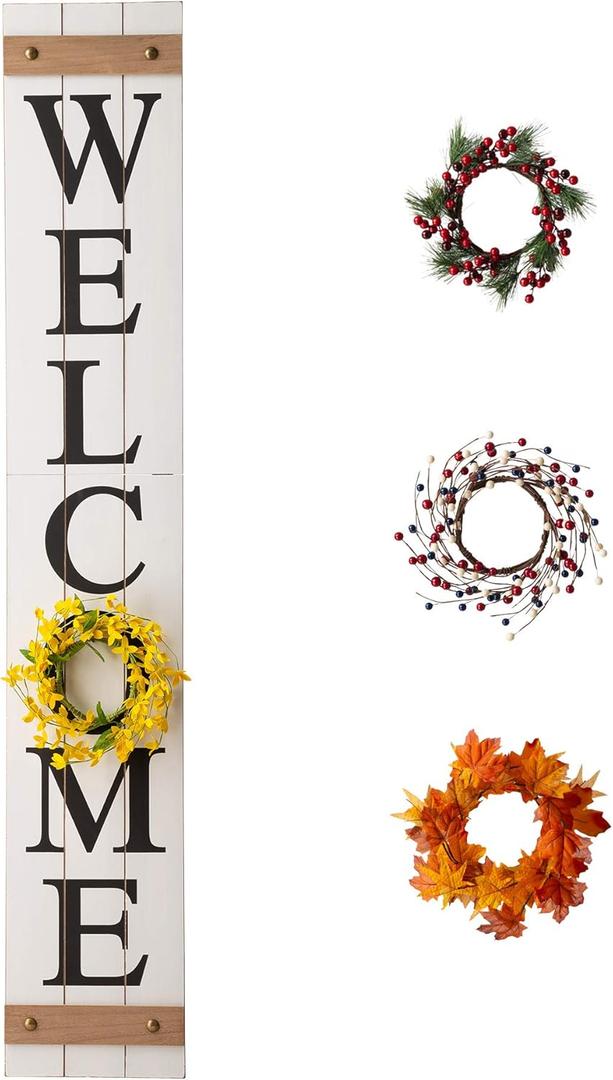 Glitzhome Welcome Sign with 4 Interchangeable Floral Wreaths for Front Door Porch, Farmhouse Wooden Hanging Wall Sign for Seasons Spring Fall Harvest Thanksgiving Christmas, 60H, White