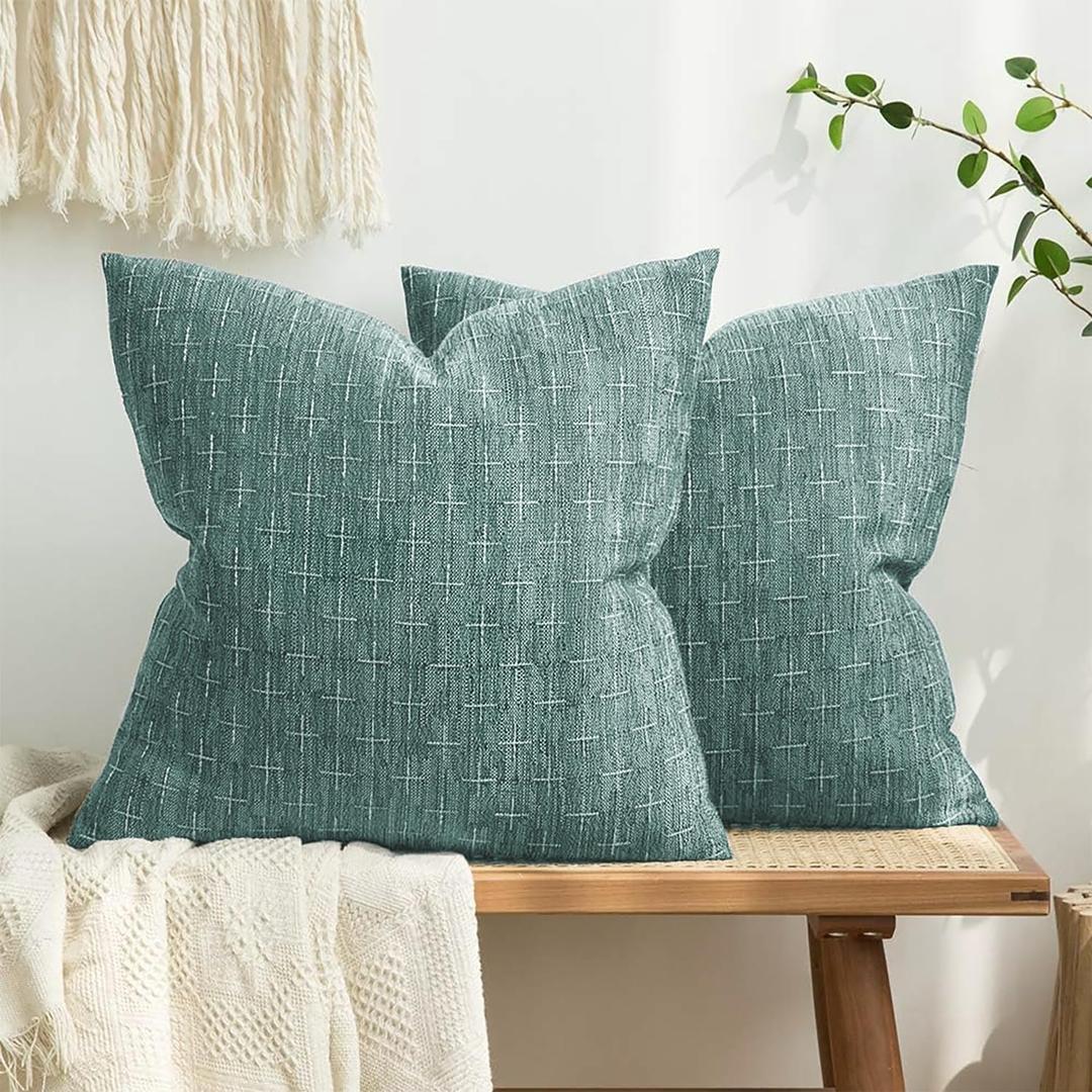 MIULEE Pack of 2 Decorative Burlap Linen Throw Pillow Covers Modern Farmhouse Vintage Pillowcase Rustic Woven Textured Cushion Cover for Sofa Couch Bed 20x20 Inch Azure