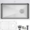 ROVOGO 24x18x9 in. Drop-in Kitchen Sink Single Bowl with Offset Drain Assembly and Bottom Grid, 304 Stainless Steel Handmade Modern Sink 1 Faucet Hole, Top Mount, Brushed