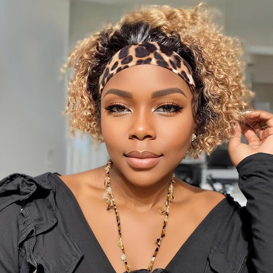 Headband Wig Human Hair Wigs for Black Women Blonde Ombre Pixie Cut Wig Human Hair Put on and Go Glueless Wig Curly Headband Wigs 150% Density Natural Black 8 Inch,T27