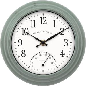 La Crosse Clock 433-3020 8-inch Indoor/Outdoor Sage Green Quartz Wall Clock with Temperature, Small