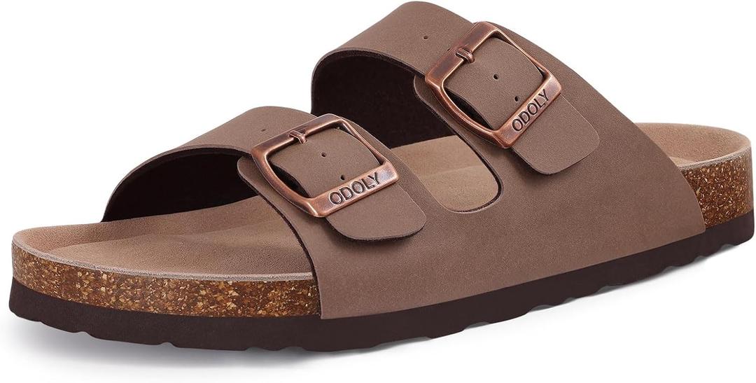 Unisex Cork Footbed Slide Sandal, Arch Support Summer Outdoor Sandals with Adjustable Buckle for Women and Men (9 Women/7.5 Men, Brown)