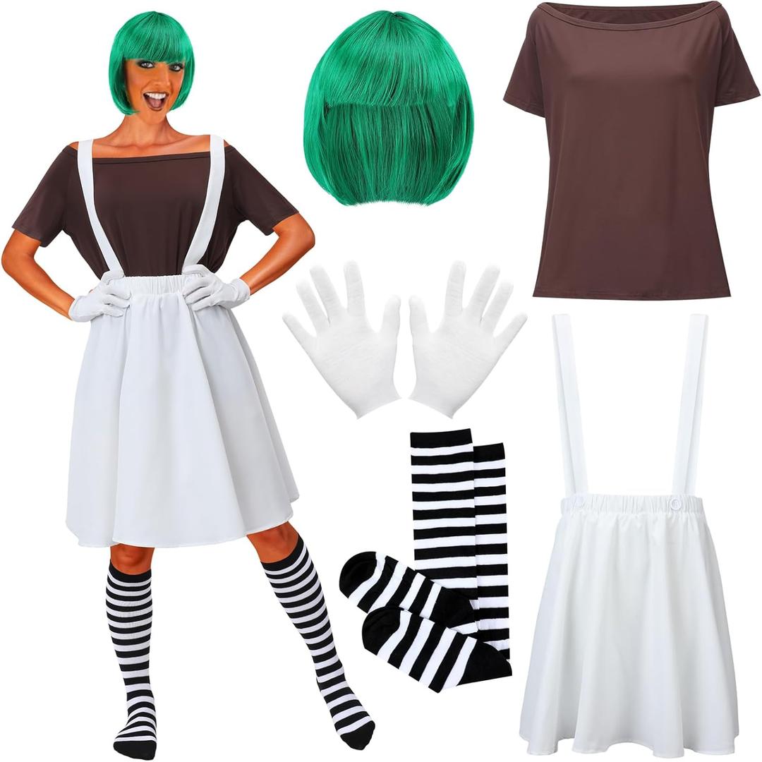 Hicarer 5 Pcs Halloween Women Chocolate Worker Costume Accessories, Costume Includes T Shirt White Skirt with Braces Green Wig Gloves Socks for Women Cosplay Party, Size L