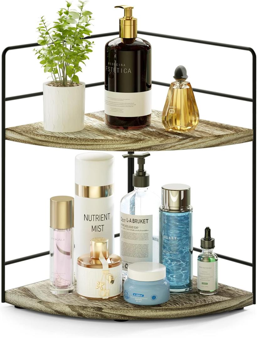 ZGO 2-Tier Bathroom Counter Organizer, Corner and Makeup Organizer for Vanity and Kitchen Counter, Wood