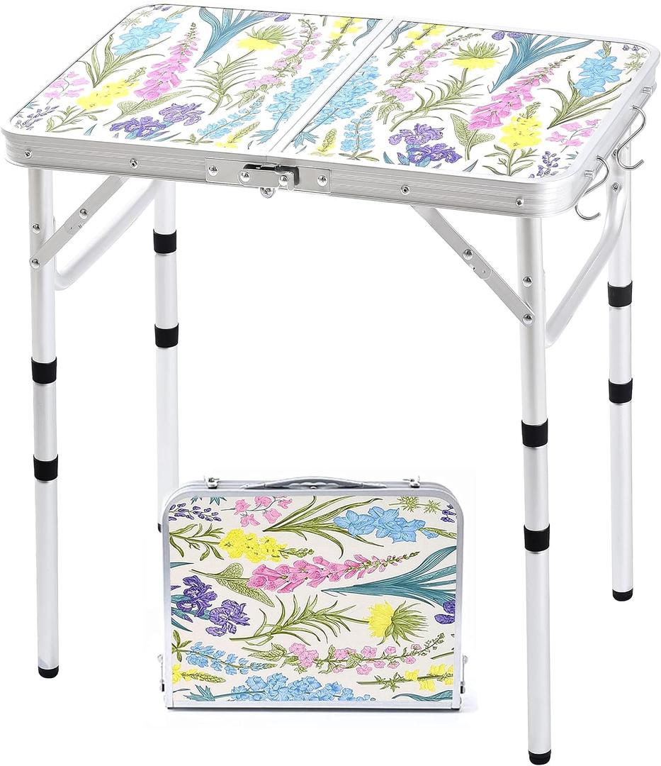 Yriuat Folding Camping Table 2ft Portable Pinic Table Adjustable Height Small Card Table Aluminum Foldable Lightweight with Carry Handle for Outdoor Indoor Hiking Camp BBQ Beach (Blooming Floral)