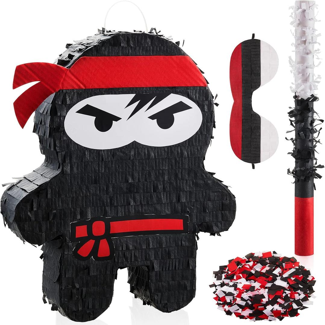 Karate Ninja Piata Ninja Birthday Party Supplies with Piata Stick Confetti and Blindfold, Warrior Birthday Party Decor for Adults Game Black(16.5 x 13 x 3 Inch,Stylish Style)