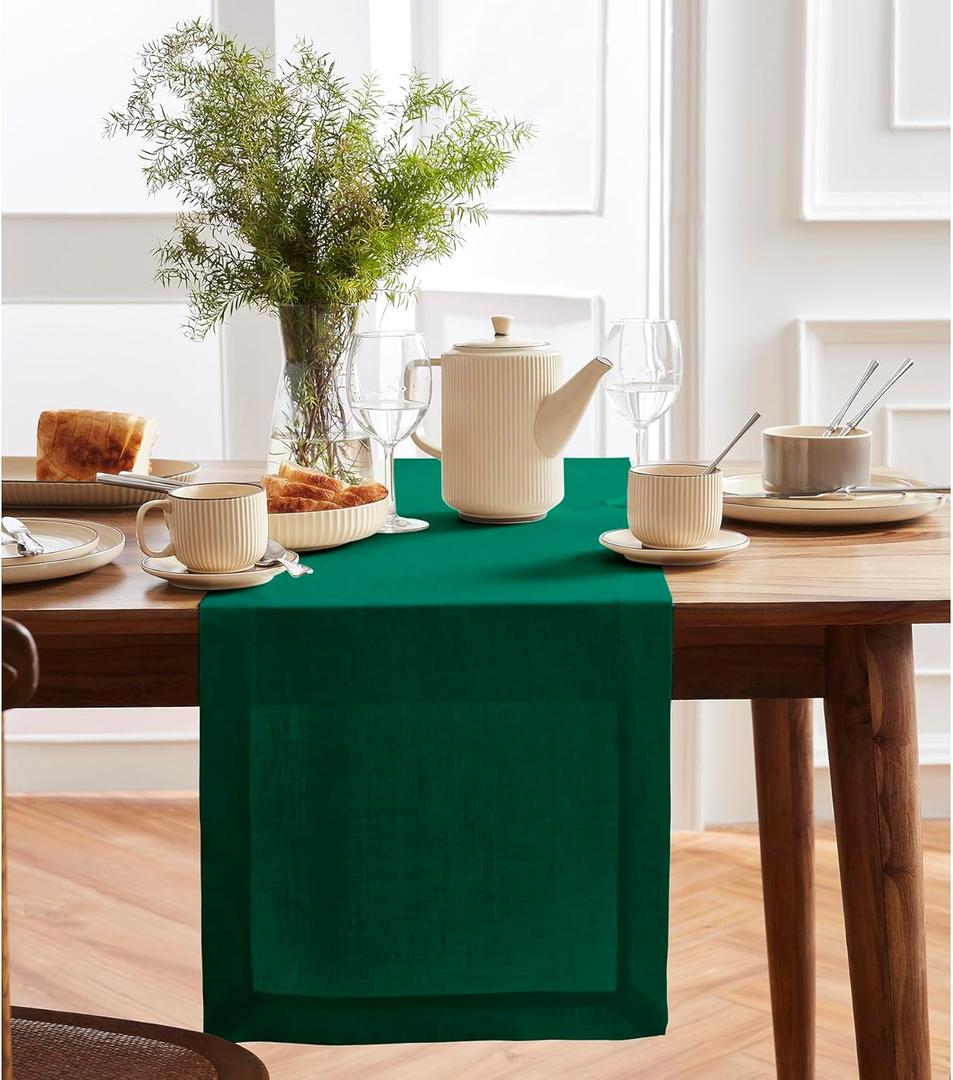 Solino Home 100% Pure Linen Dark Green Table Runner 48 Inches - 14 x 48 Inch for Coffee Tables, Dresser - Sonoma Collection