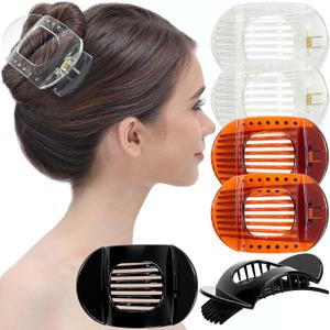 RC ROCHE ORNAMENT 6 Pcs Flat Hair Clips Round Square French Secure Strong Hold Grip Barrettes for Thick Hair Women's Styling Plastic Curve No Slip Accessories Claw Clamp, Large Clear Brown & Black (1 Count (Pack of 6))