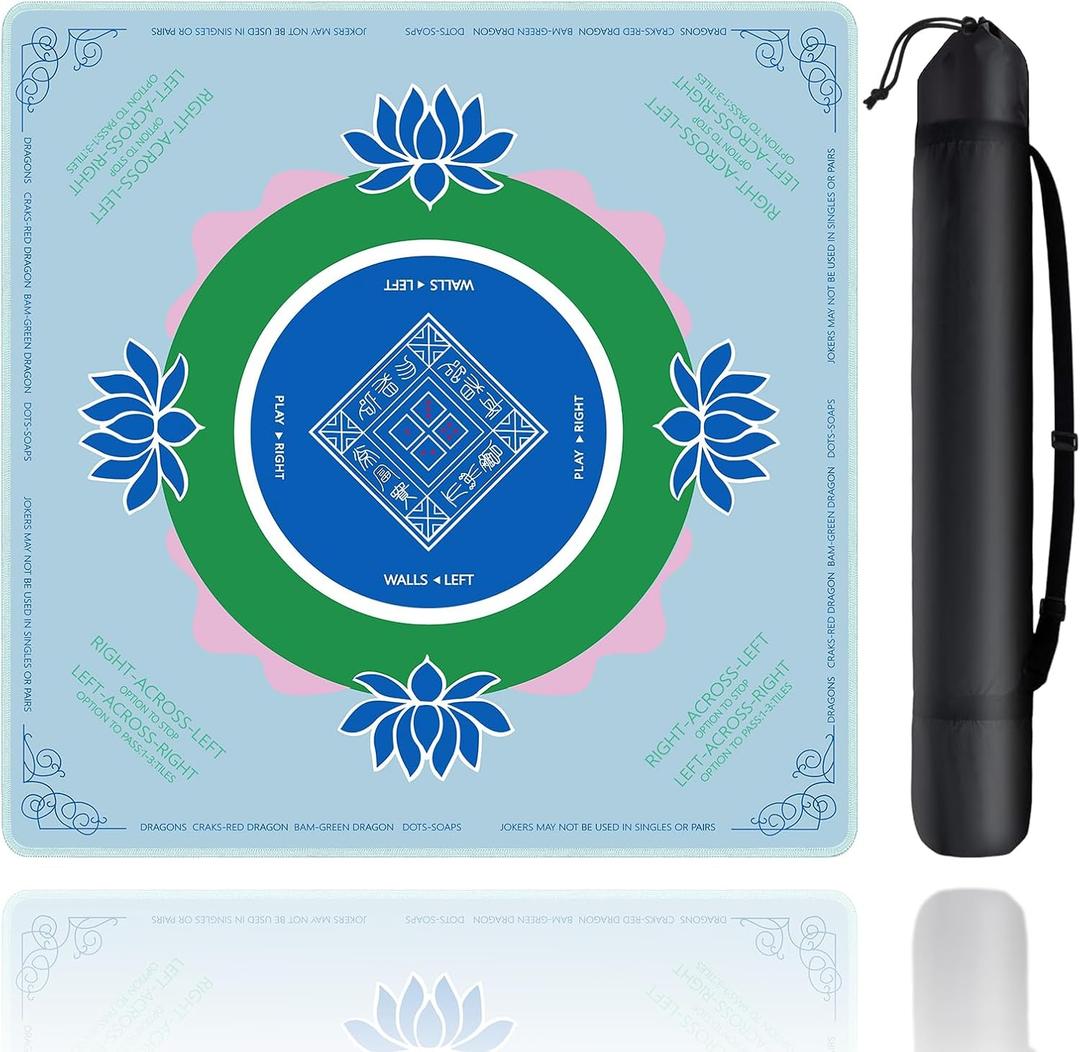 Mahjong Mat, Mahjong Mat for Table with Bag, 31.5" x 31.5" Rubber Anti Slip and Noise Reduction Board Gaming Mat for Mah Jongg, Poker, Board Tile Games, Dominoes (Blue)