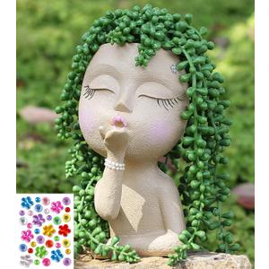 Cute Head Planter Pot/Face Planters for Indoor Plants,with Drainage Hole,Girl Face Flower Pot Lady Head Planters for Indoor Outdoor Plants,Cute Resin Succulent Planter (Khaki) (Kiss, Khaki-kiss)