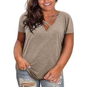 Plus Size Tops for Women Summer Short Sleeve Sexy V Neck Criss Cross T-Shirt Tunic Casual Loose Soft Tee Shirt, XXXL