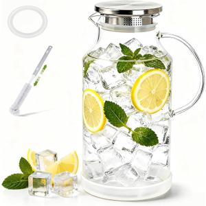 1 Gallon/3.8L Glass Pitcher with Lid, Extra Large Water Carafe Jug, Borosilicate Glass Iced Tea Pitcher, Glass Water Pitcher with Silicone Base, Leak-proof Ring & Cleaning Brush Included (Transparent) (EXP 12/31/36)