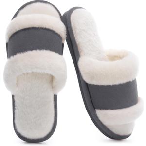 SHIBEVER Women's Slippers Fuzzy Open Toe Slip On Indoor House Shoes Comfy Bedroom Women Slippers (7.5-8, Grey)