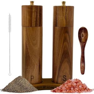 Wooden Salt And Pepper Grinder Set - 8 Acacia Mills, Adjustable Ceramic Core, Refillable Wood Salt and Pepper Shakers With Tray, Spoon & Brush