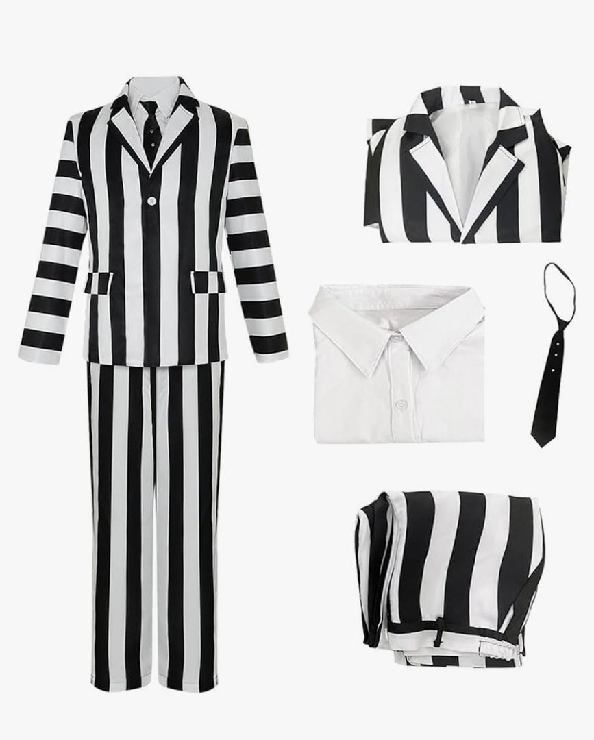 Black and White Striped Suit Adult Halloween Costume Jacket Pants Tie Shirt Horror Movie Outfit L