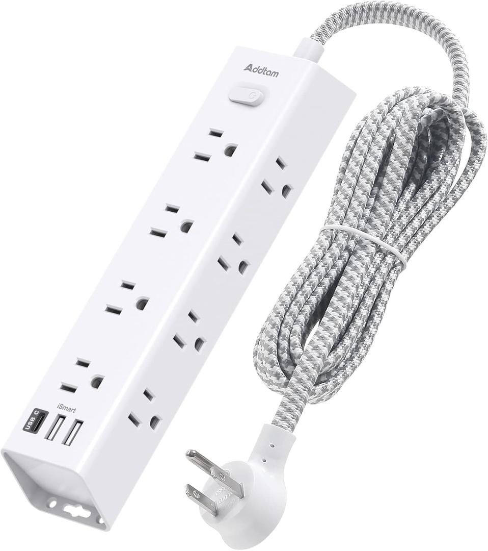 Surge Protector Power Strip - 5 FT Extension Cord, Power Strip with 12 Widely AC Outlet 3 USB, Flat Plug Wall Mount Overload Protection, 1050J, Desk Charging Station for Home Office, ETL Listed,White