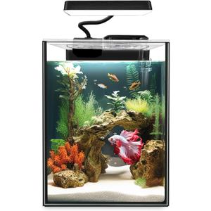 iPriro Glass Betta Aquarium Starter Kits 1.5 Gallon Small Fish Tank, Betta Fish Tank with LED Light, Power Filter, Black. 4mm Glass