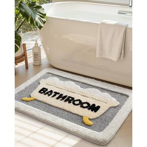 DEXI Bathroom Rug Washable, 16x24 Non Slip Bath Mat Absorbent, Soft Plush Microfiber Bathmat Quick Dry for Shower Floor, Grey and Beige